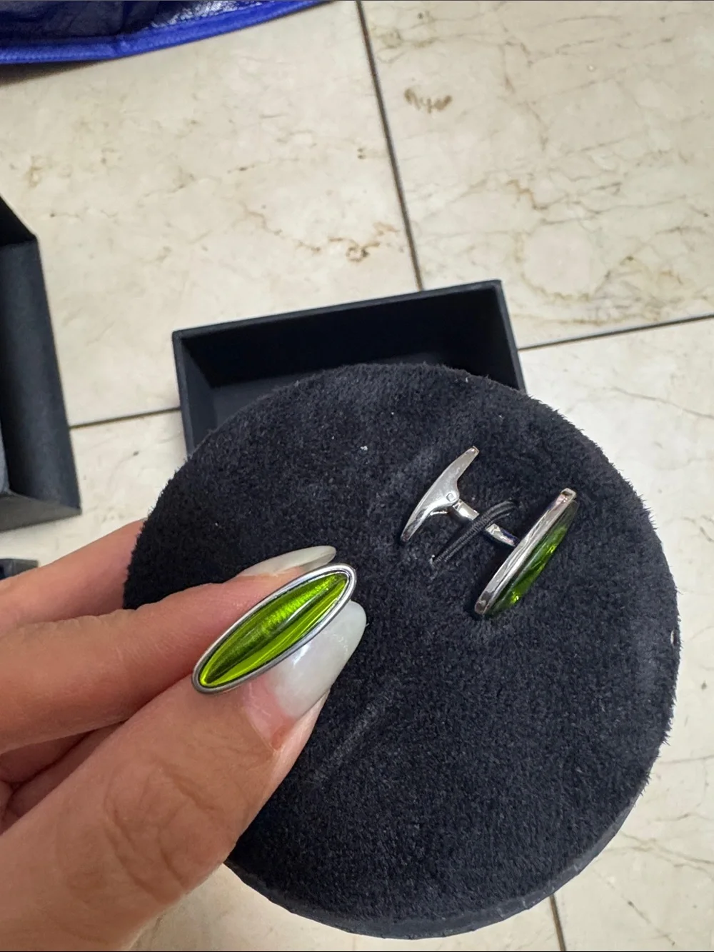 Tumi Silver cats eye Cufflinks Olive Green